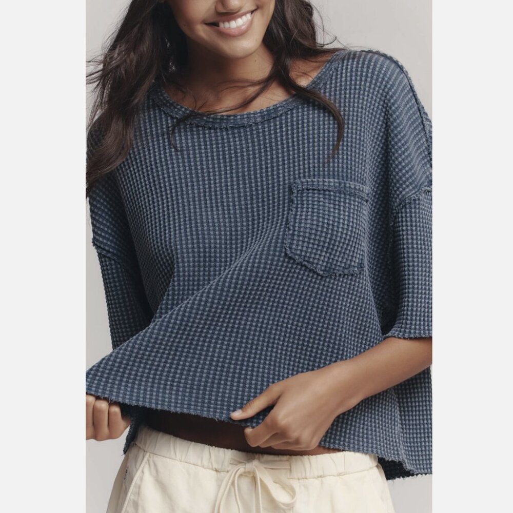 Pilcro by Anthropologie Blue Chest Pocket Waffle Cropped Tee